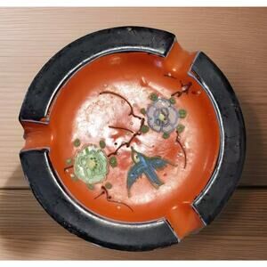 VTG Japan MORIAGE RAISED ENAMEL Hand Painted Ceramic Ashtray Trinket Blue Bird